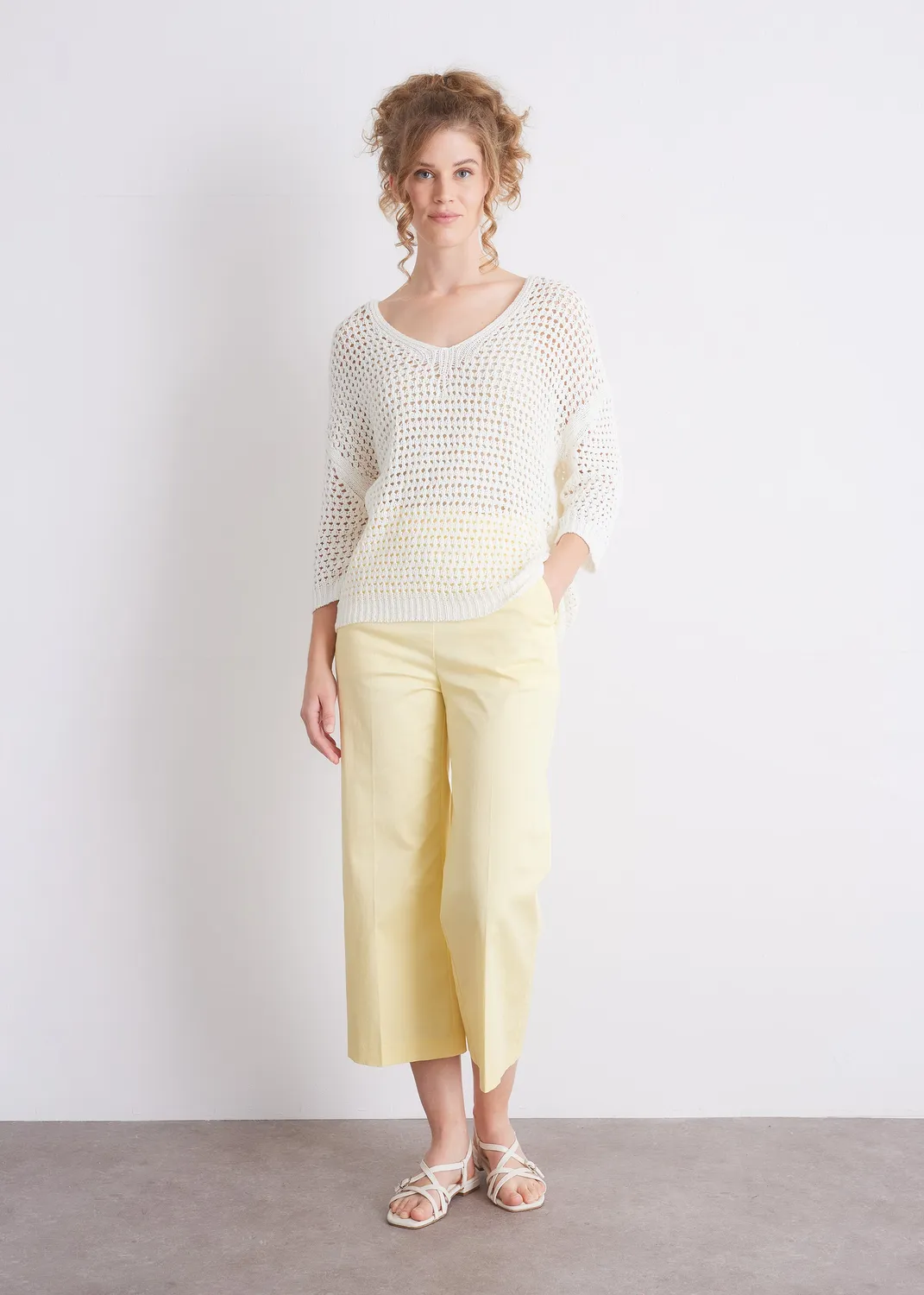 Senatex Ajourstrickpullover V-Ausschnitt Off-White luftig