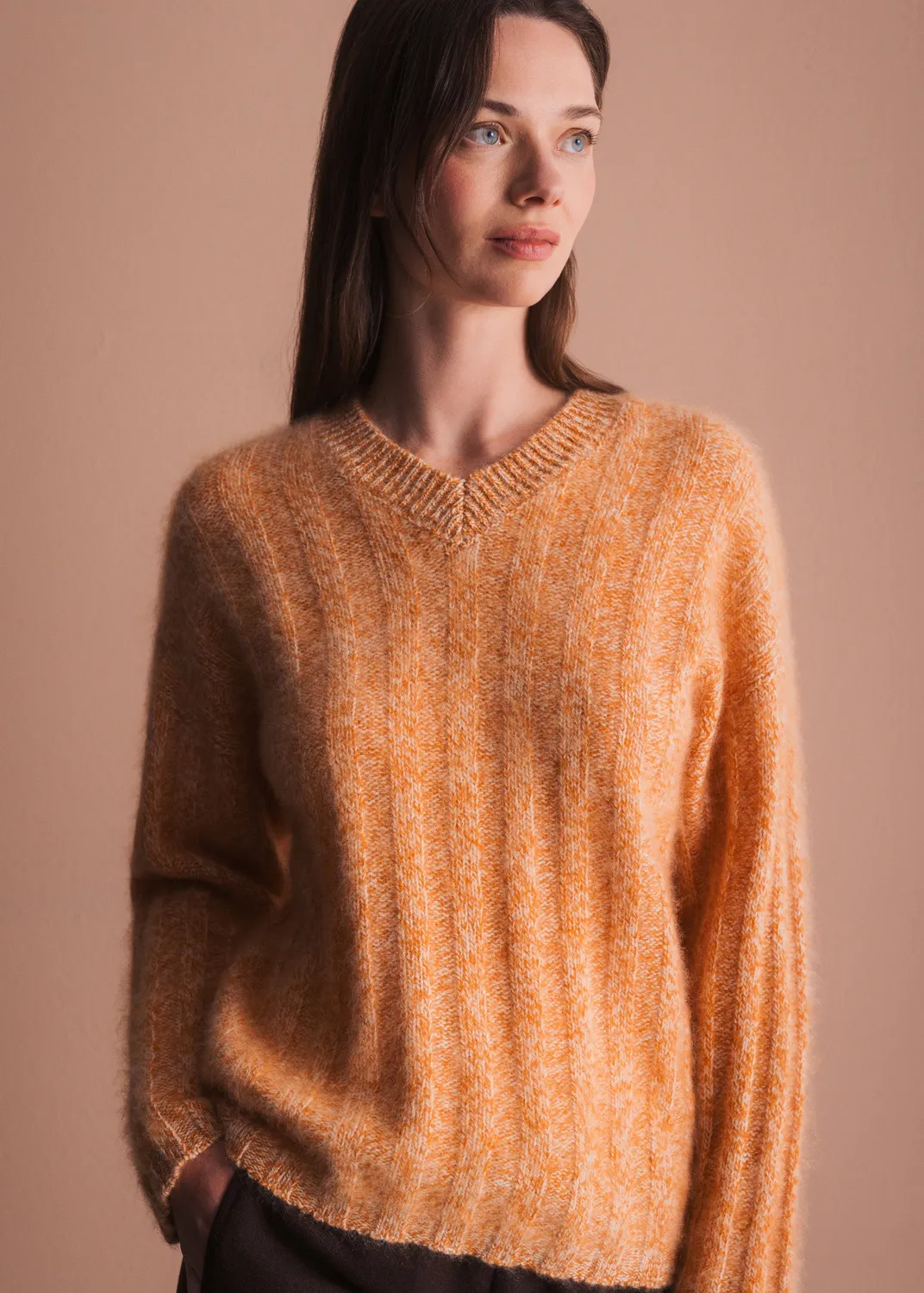 Senatex Pullover mit V-Ausschnitt Orange Merinowolle S/M