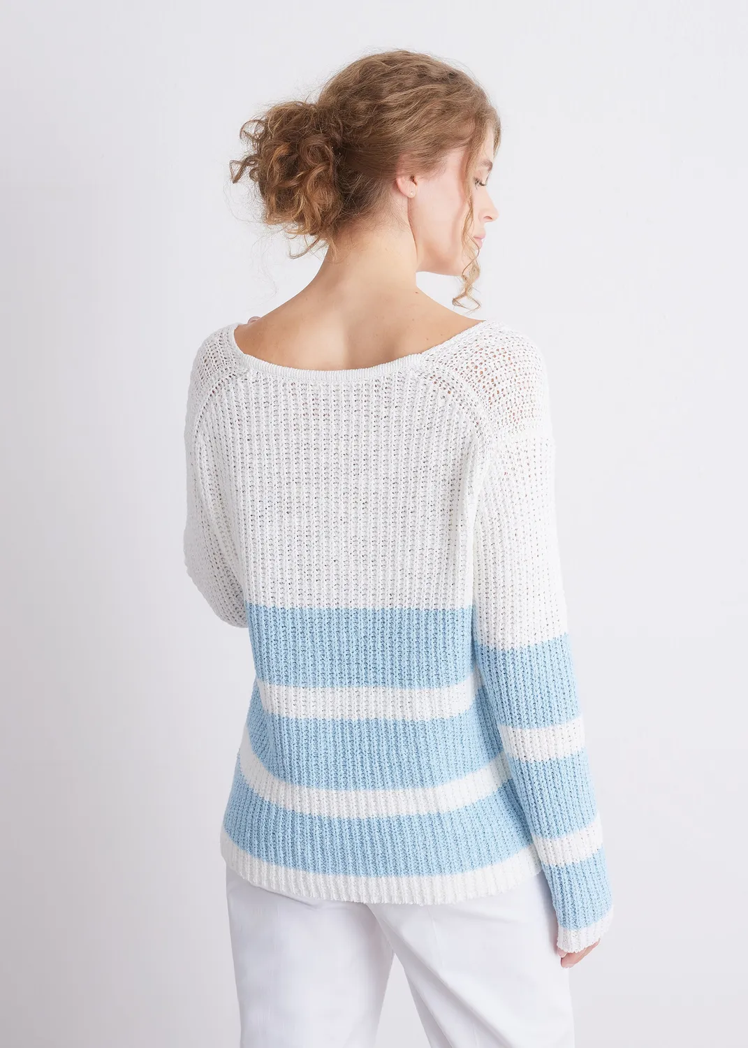 Senatex Strickpullover Blockstreifen V-Ausschnitt White