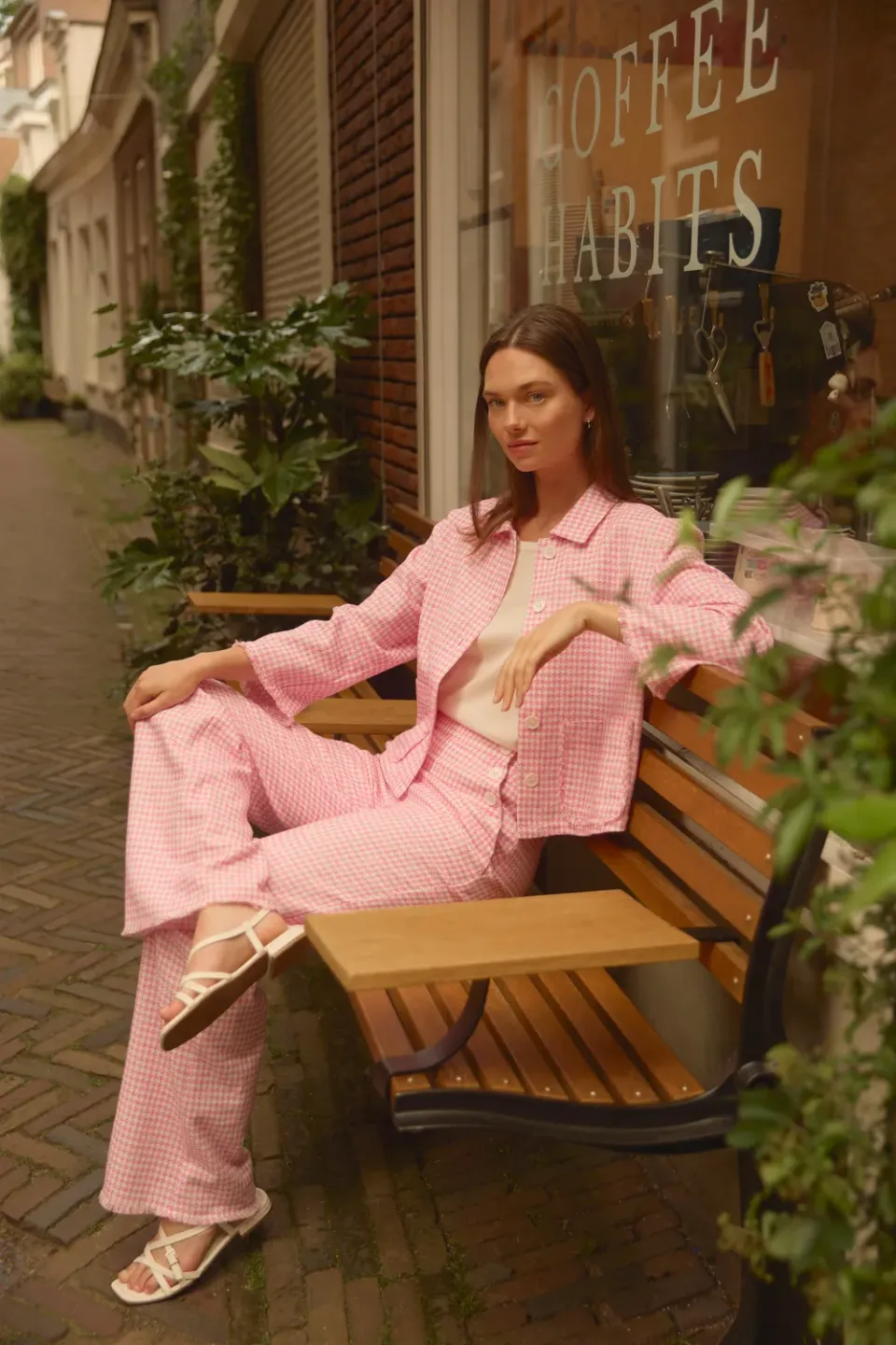 Senatex Kurzjacke Baumwoll-Hanf Knopfleiste Jacke Pink Houndstooth