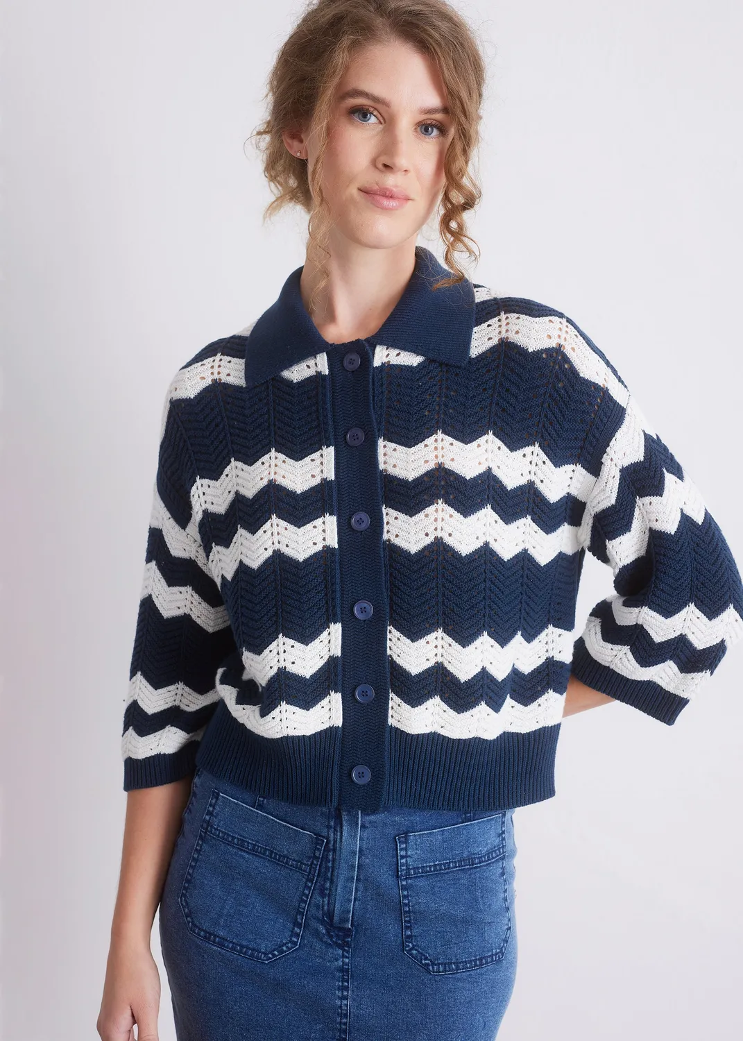 Senatex Strickcardigan Zickzack Indigo Combo Baumwolle