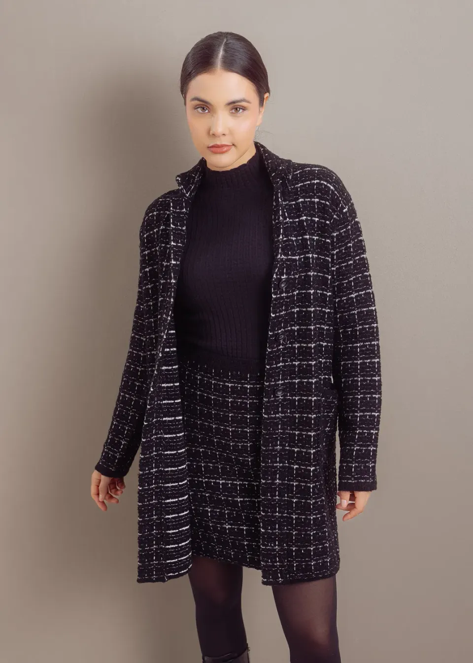 Senatex Boucle Strickjacke Cardigan Black Combo Karo