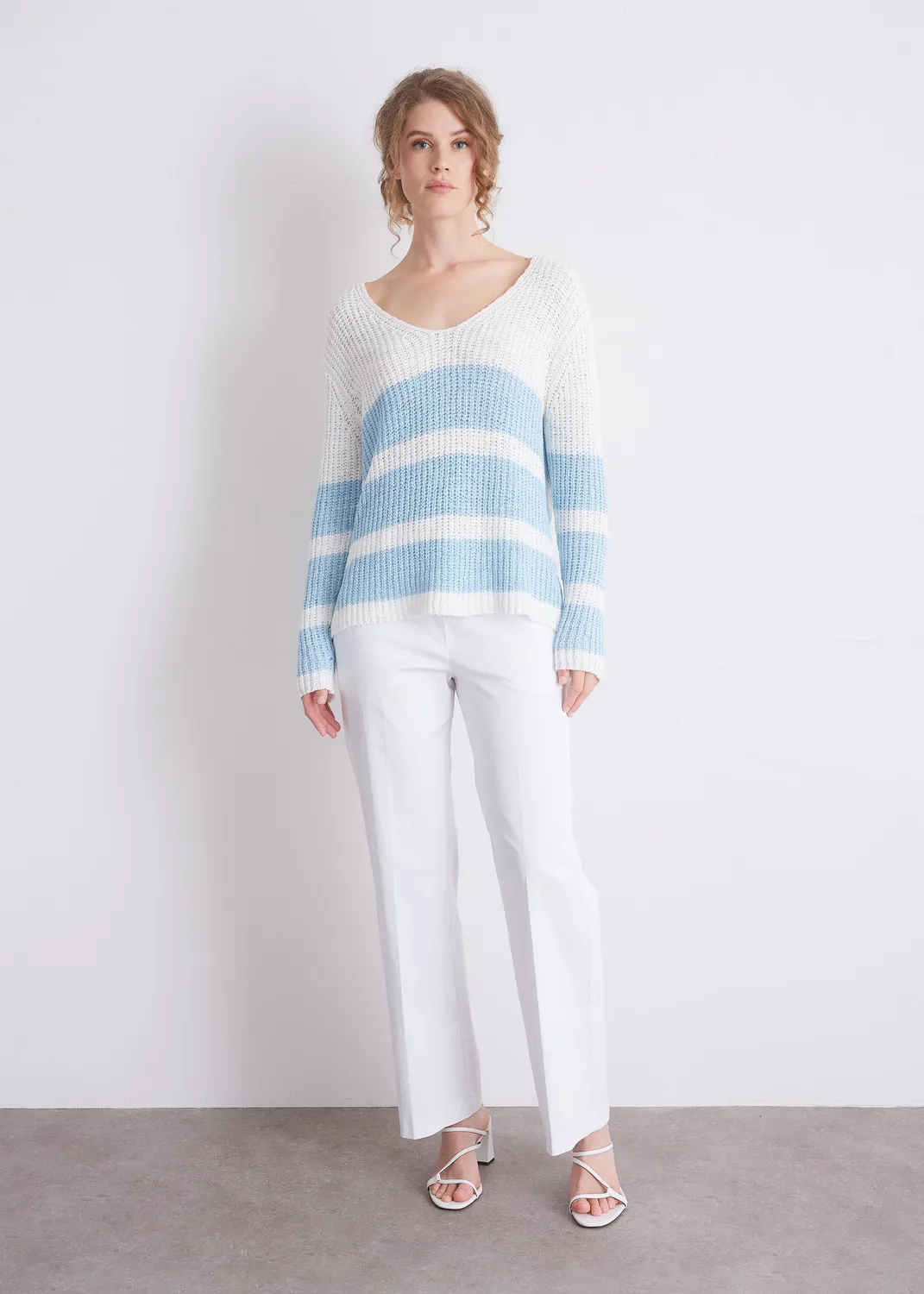 Senatex Strickpullover Blockstreifen V-Ausschnitt White