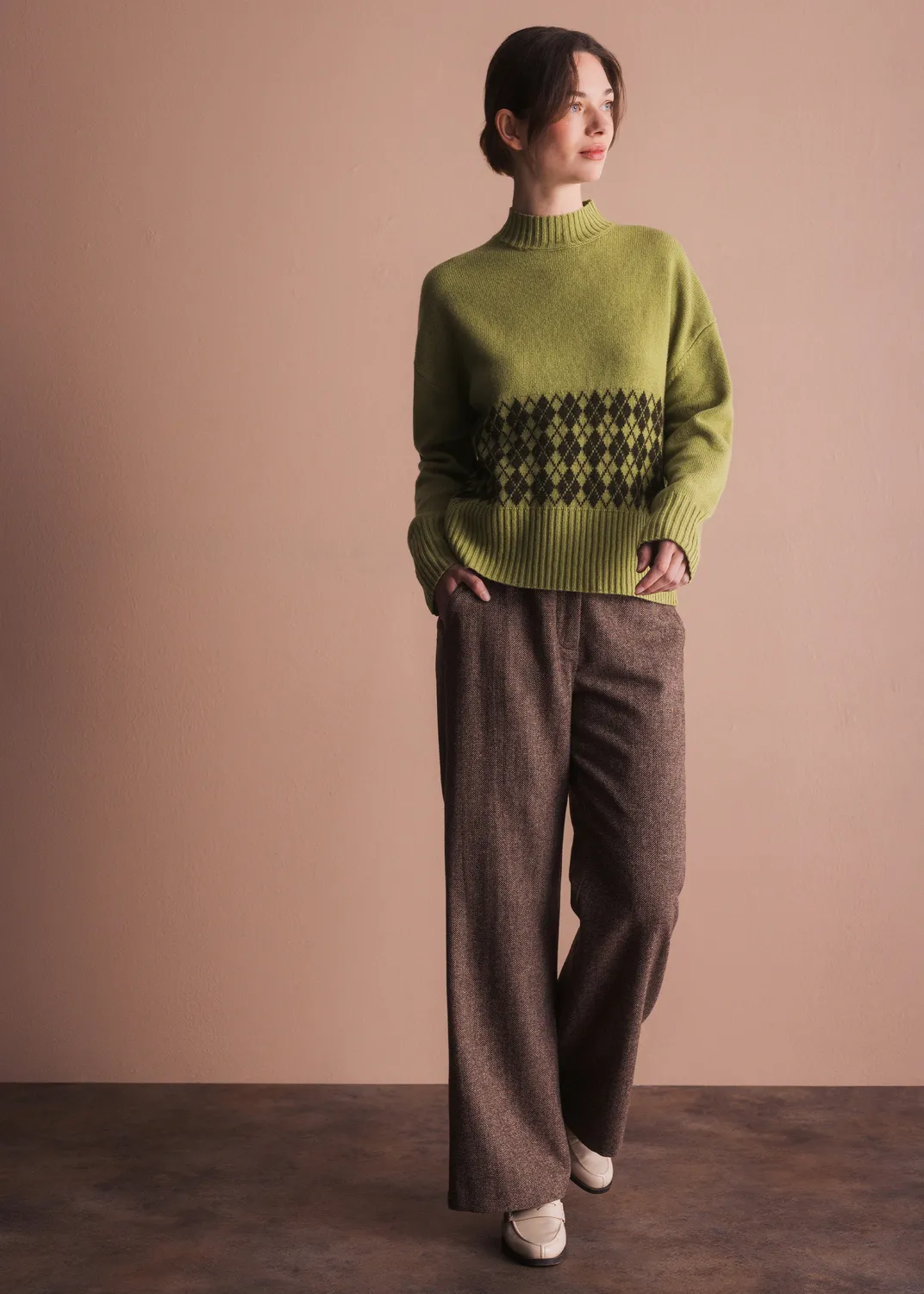 Senatex Pullover Argyle Merinowolle Moss Combo Stehkragen