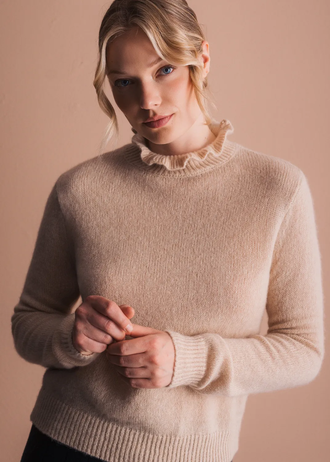 Senatex Pullover Rüschenkragen Wolle-Kaschmir Cream
