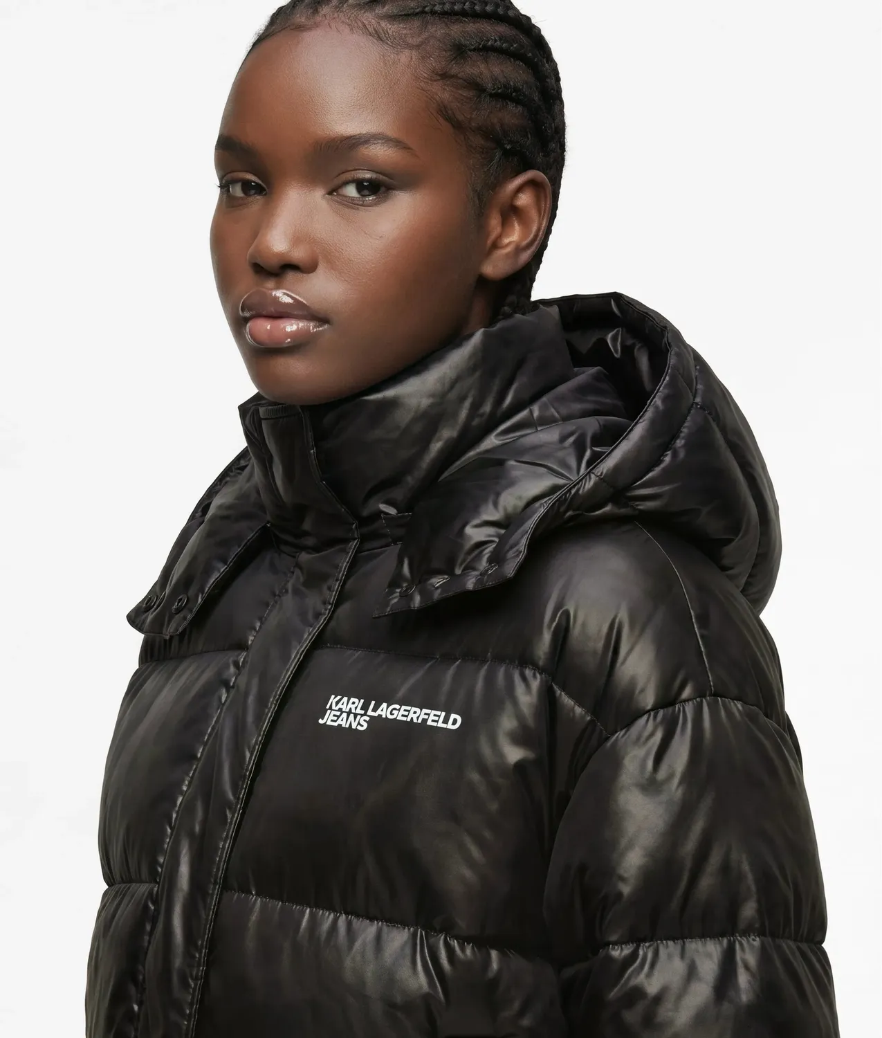 Karl Lagerfeld Jeans Cropped Pufferjacke glänzend mit Kapuze