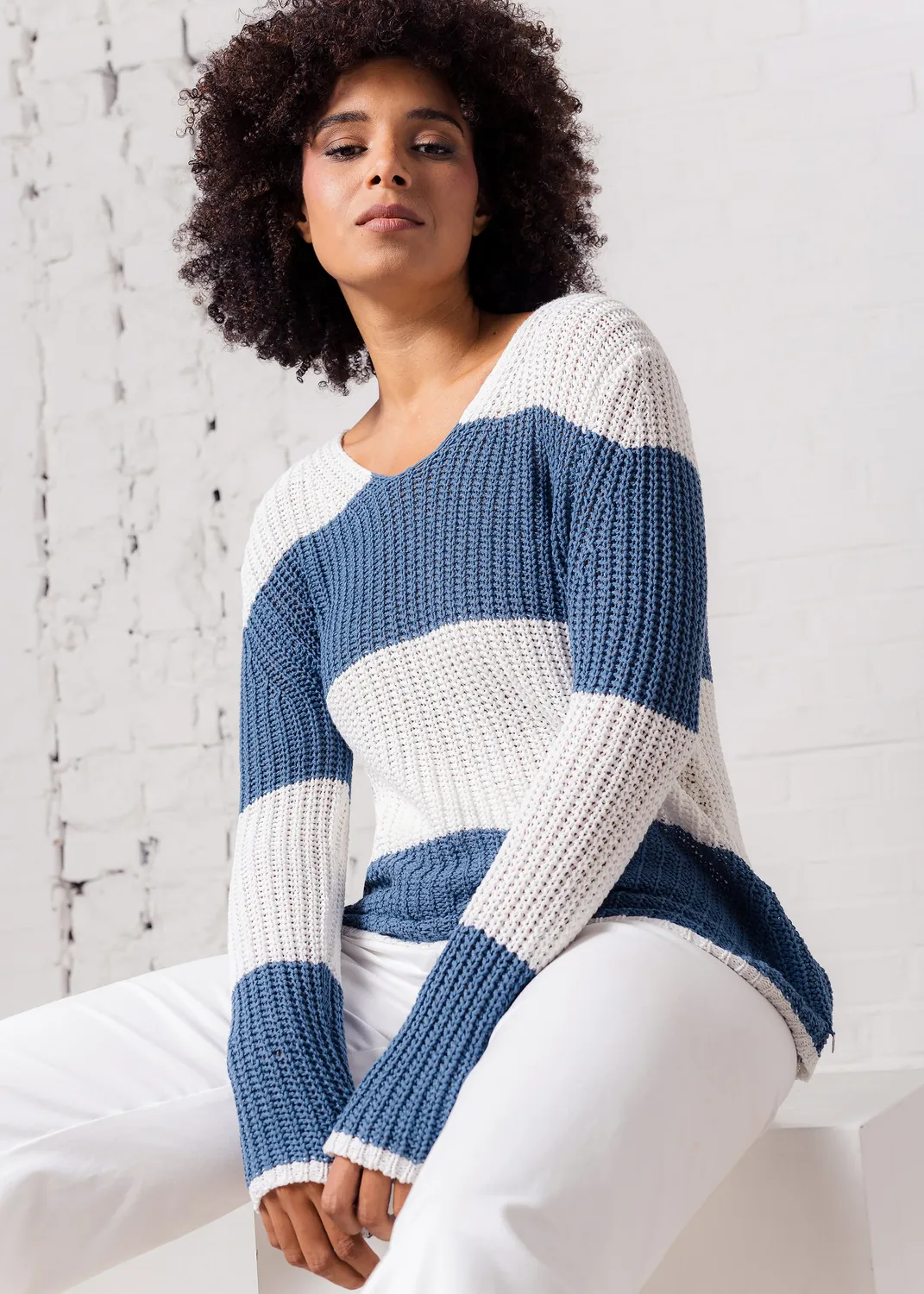 Senatex Blockstreifen-Pullover Baumwolle-Leinen Denim Combo