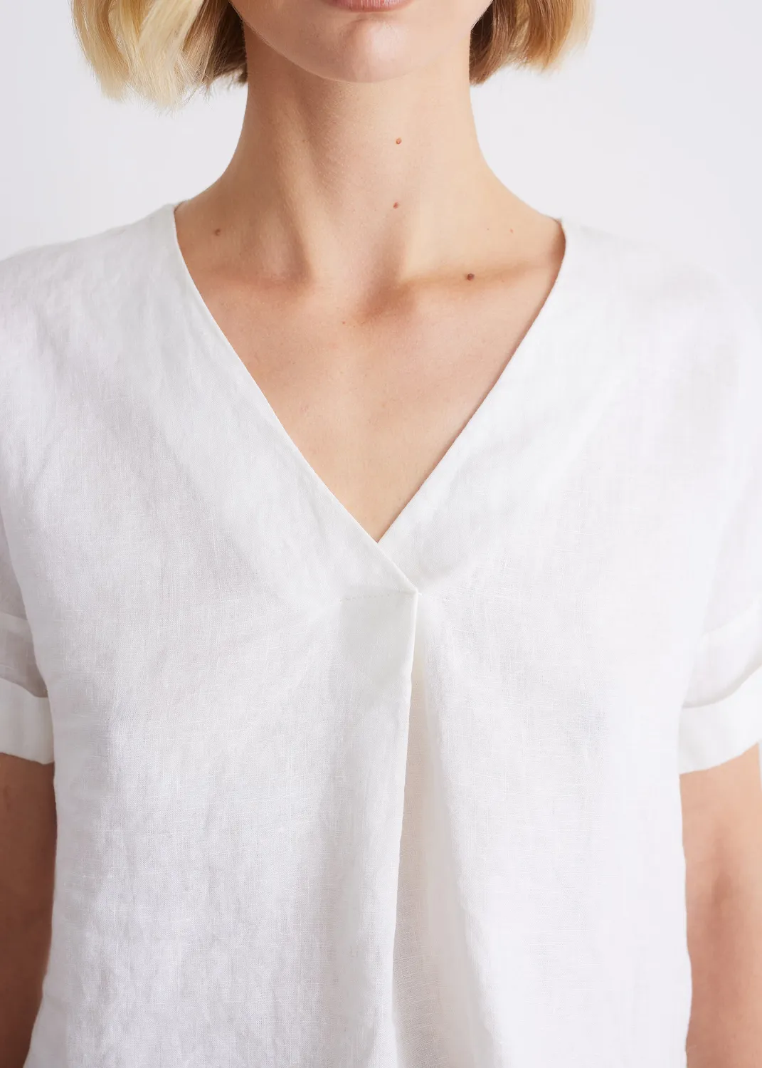 Senatex Bluse Leinen V-Ausschnitt Off-White Kurzarm
