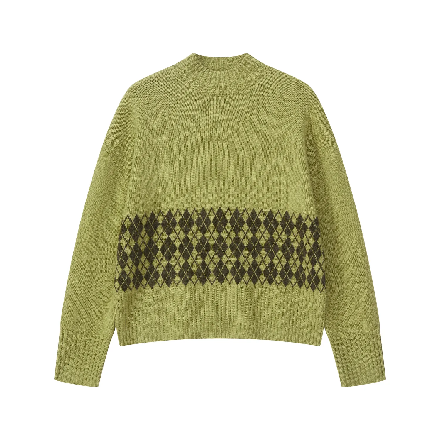 Senatex Pullover Argyle Merinowolle Moss Combo Stehkragen
