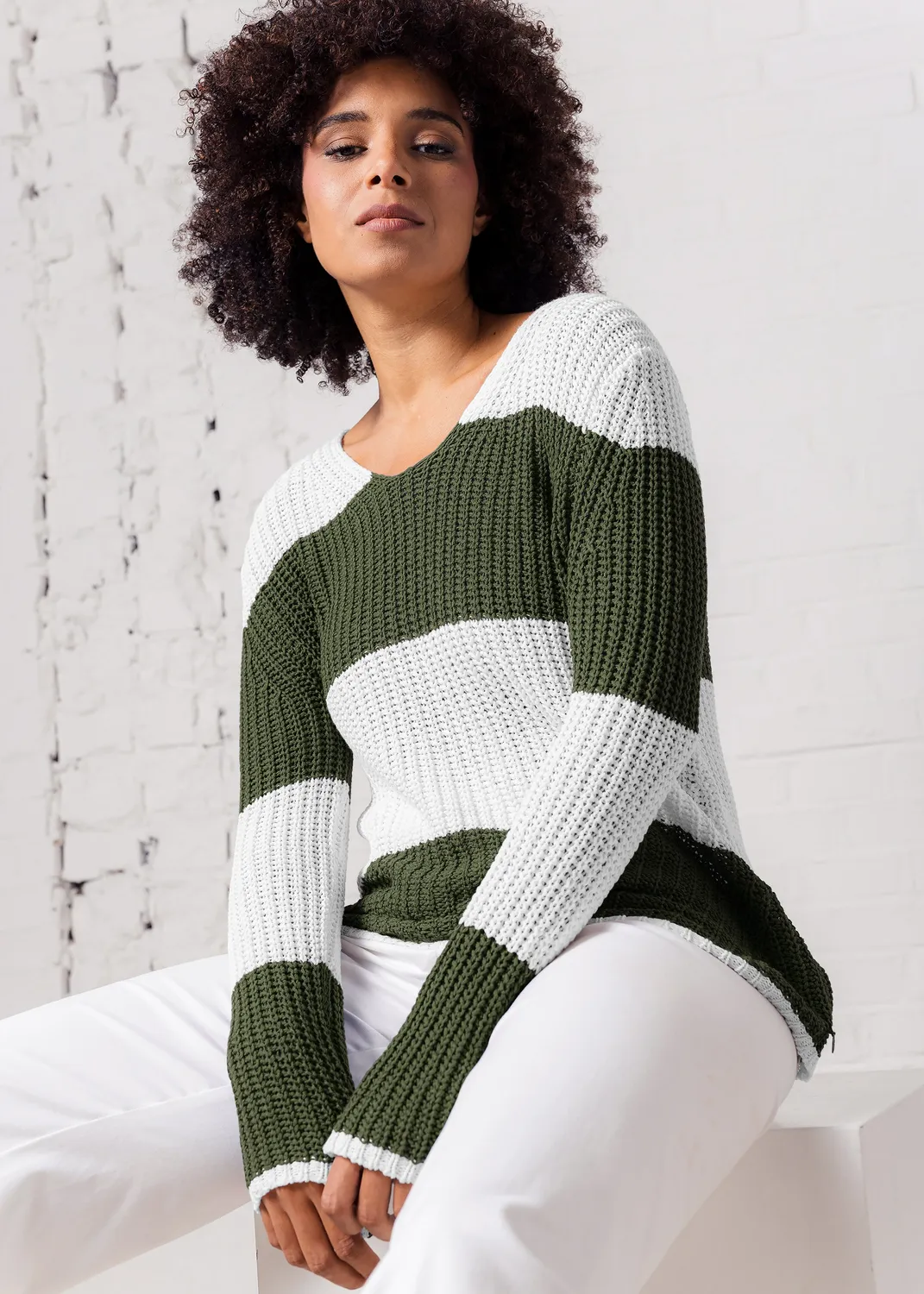 Senatex Blockstreifen-Pullover Baumwolle-Leinen Denim Combo
