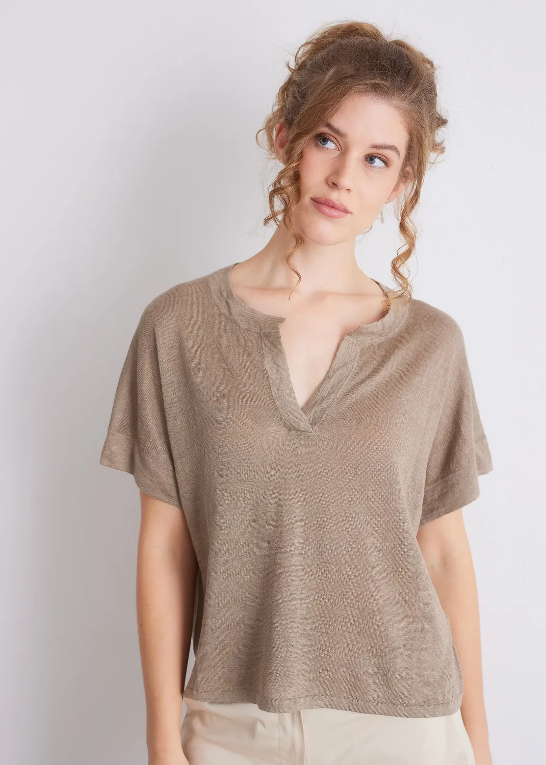 Senatex Leinenshirt mit Schlitz-Ausschnitt Mocca reines Leinen