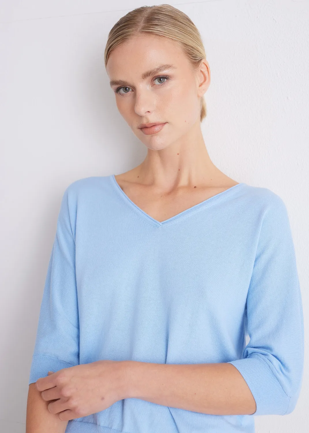 Senatex V-Ausschnitt-Pullover Baumwoll-Kaschmir Off-White GOTS