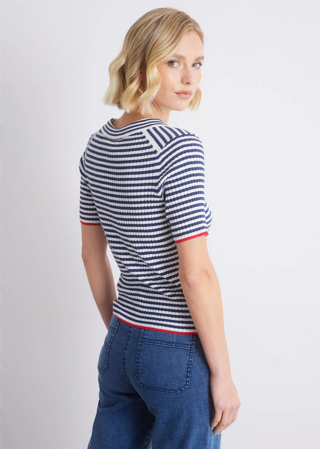 Senatex Strickshirt Polokragen GOTS White Indigo Streifen
