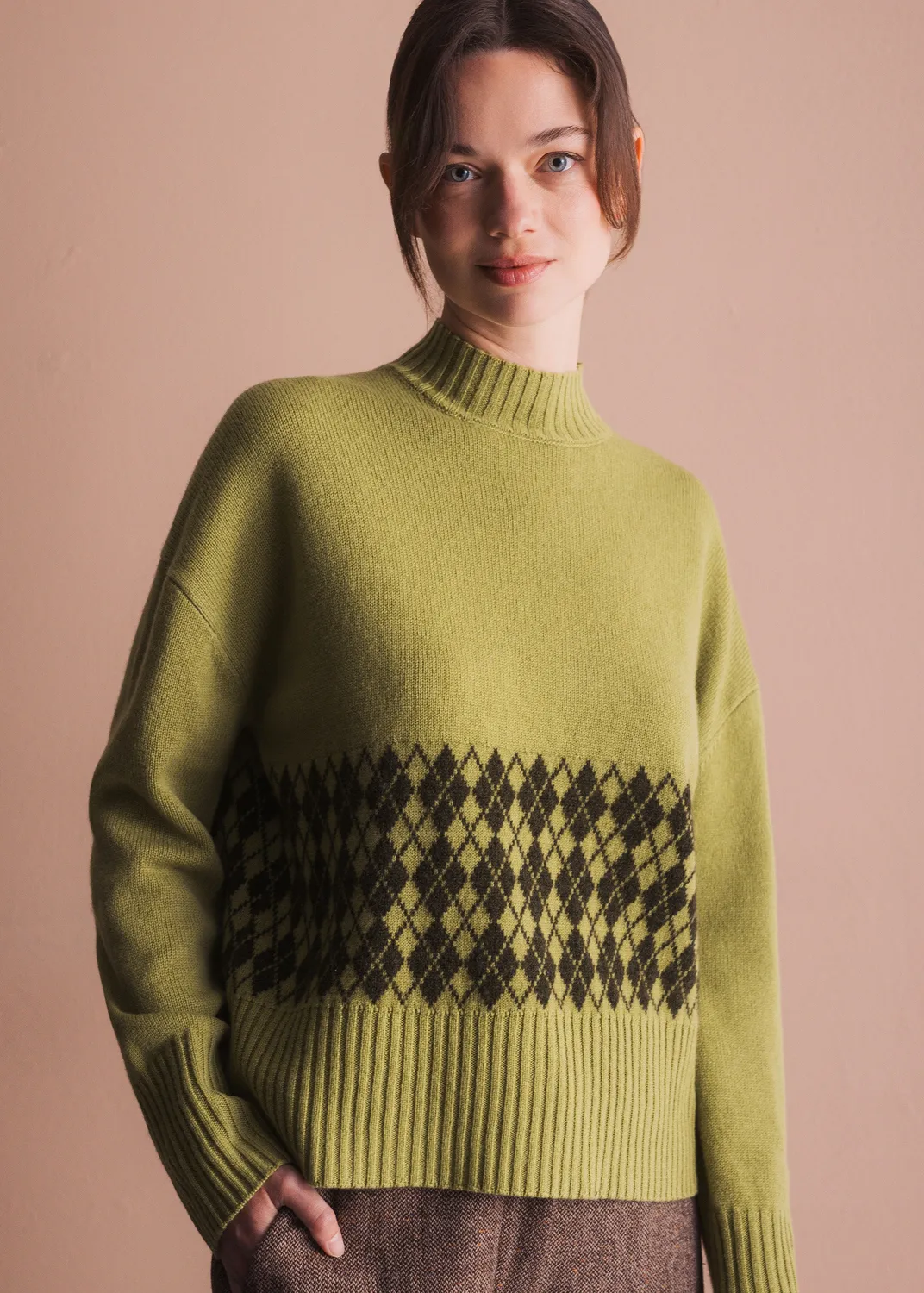 Senatex Pullover Argyle Merinowolle Moss Combo Stehkragen