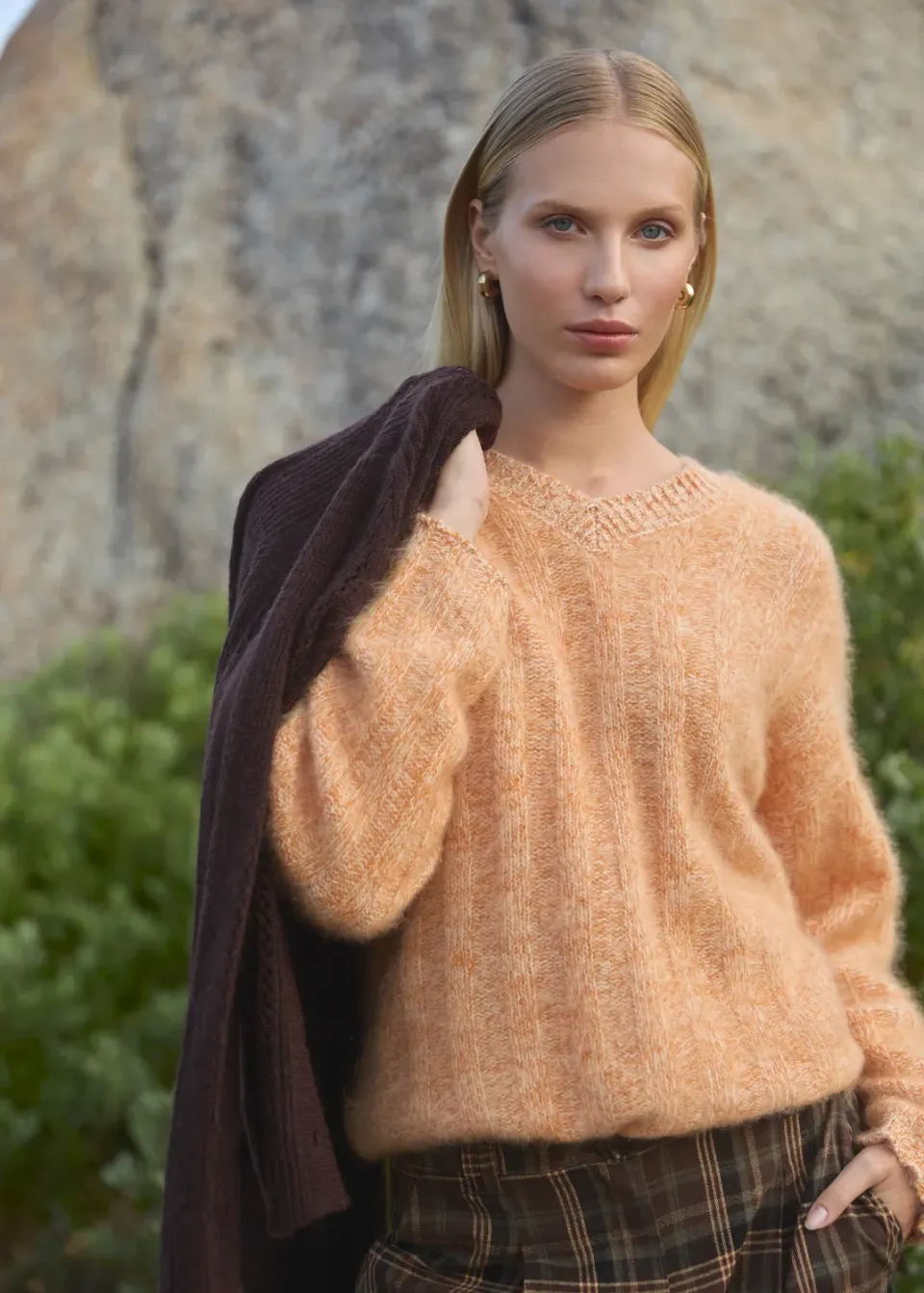 Senatex Pullover mit V-Ausschnitt Orange Merinowolle S/M