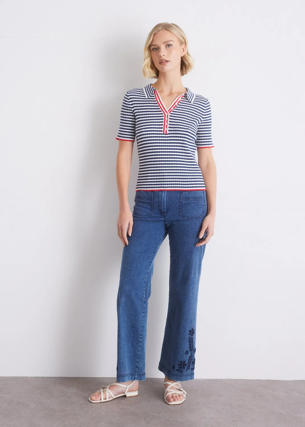 Senatex Strickshirt Polokragen GOTS White Indigo Streifen