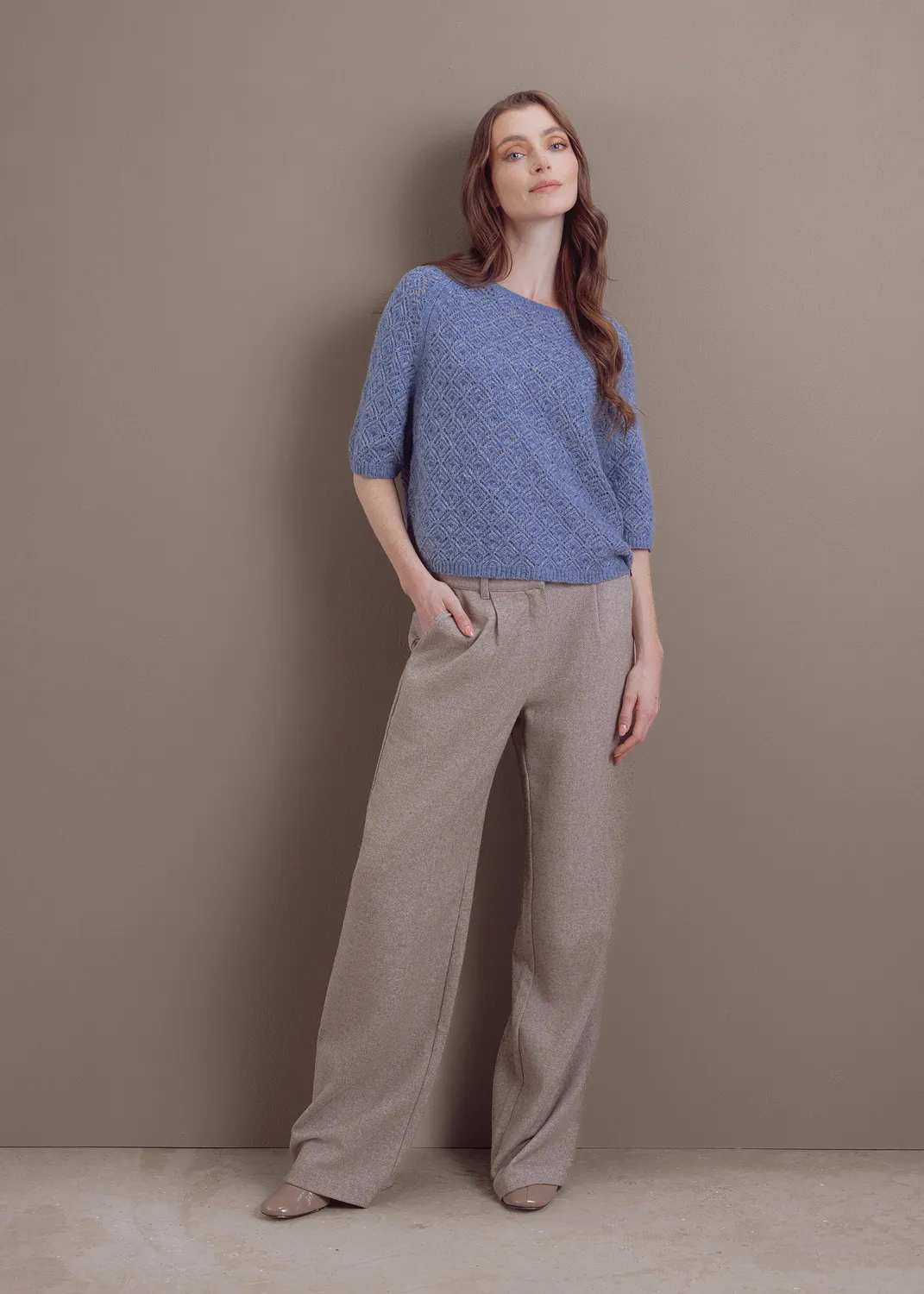 Senatex Kurzarm Pullover Wolle-Baumwolle Rautenmuster Ice