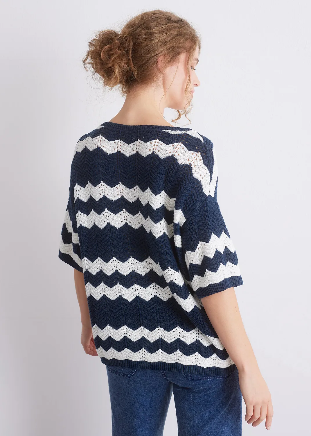 Senatex Strickpullover Zickzack Rundhals Indigo Combo Baumwolle