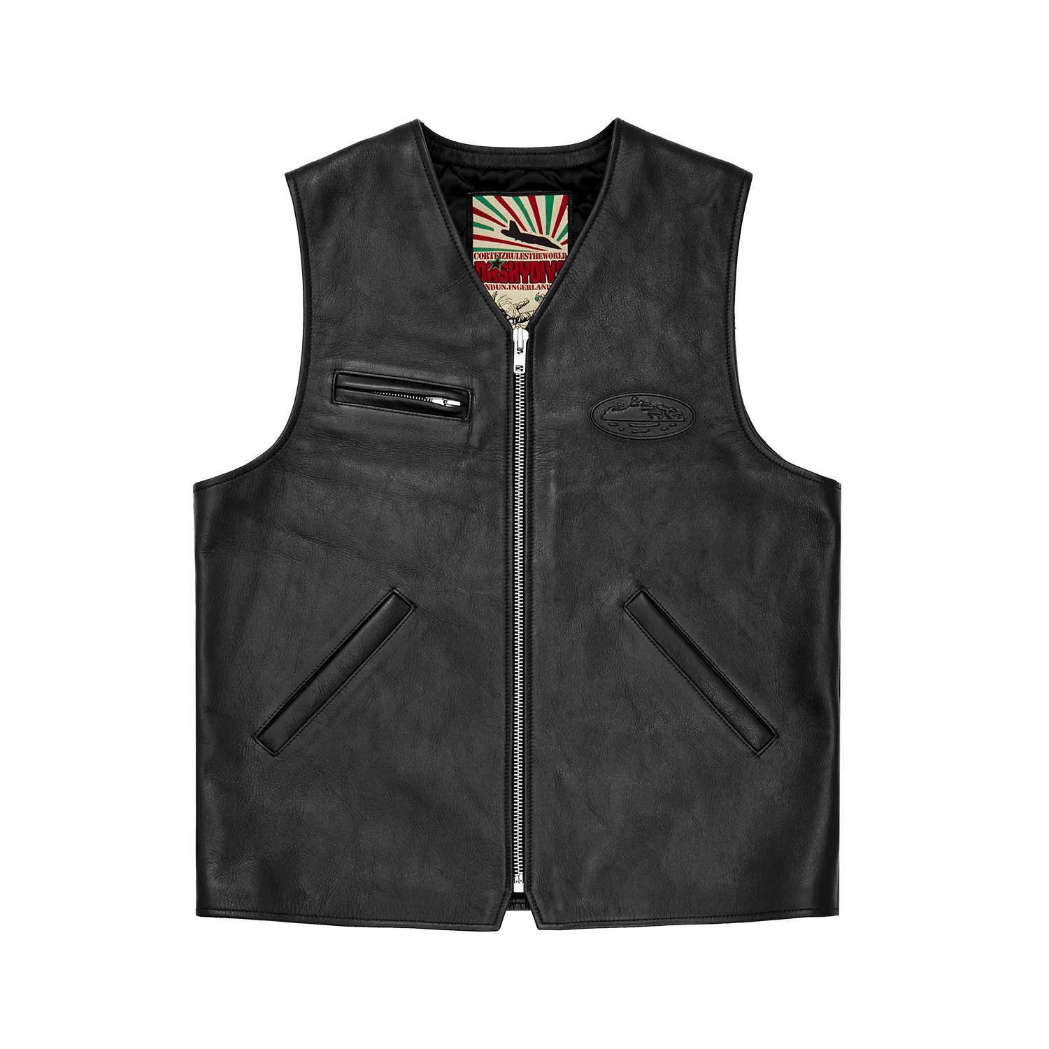 Corteiz Skydive Leather Vest Lederweste Schwarz Kalbsleder