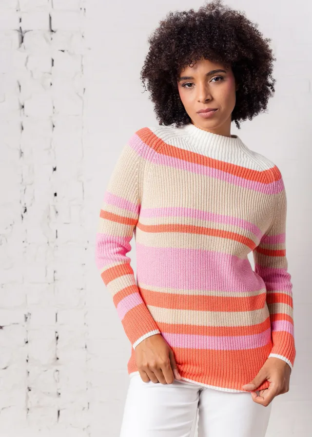Senatex Streifenpullover Stehkragen Coral Bio-Baumwolle