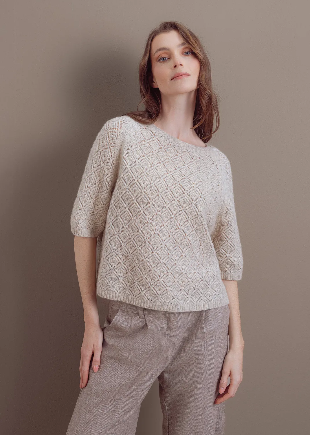 Senatex Kurzarm Pullover Wolle-Baumwolle Rautenmuster Ice