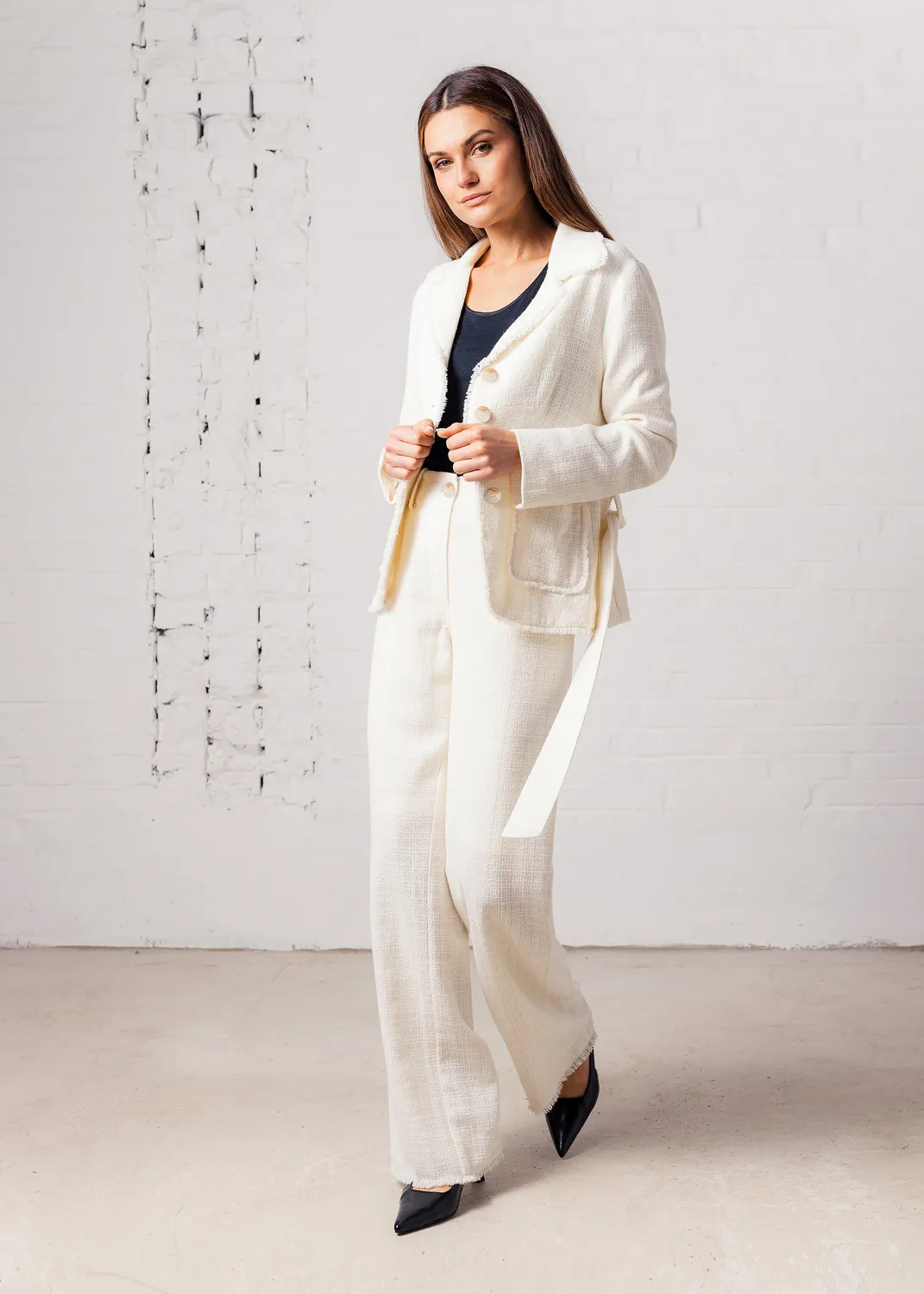 Senatex Boucle-Hose Wolle-Viskose Cream Gerader Schnitt
