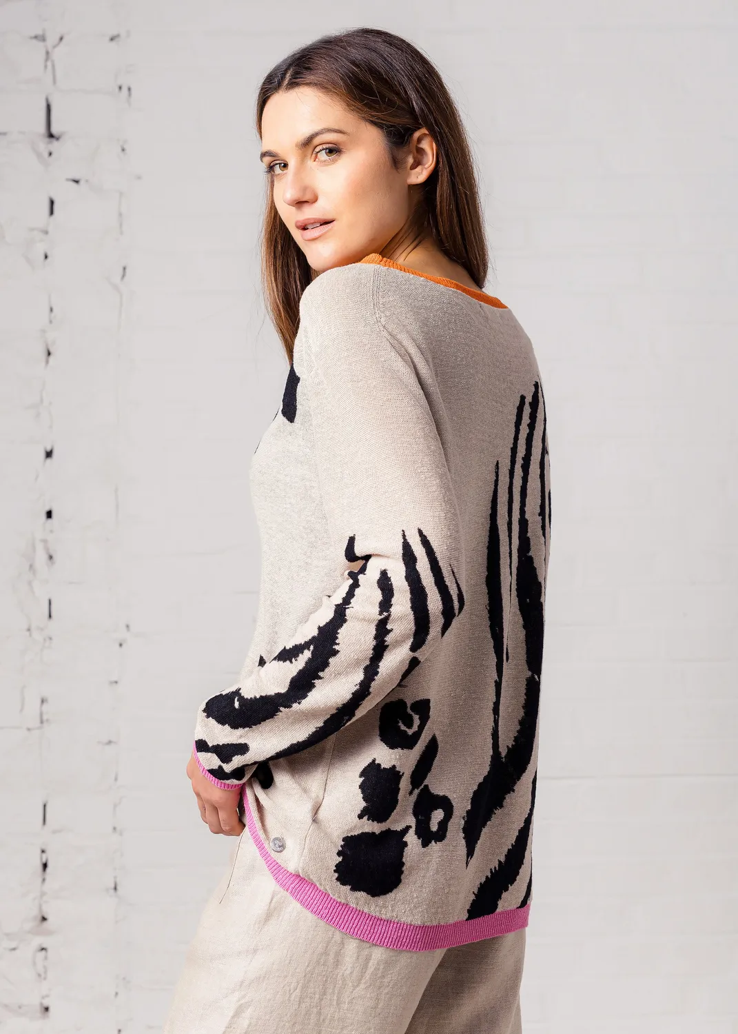 Senatex Pullover mit Leoprint Pullover Sand Multicolor Leinen
