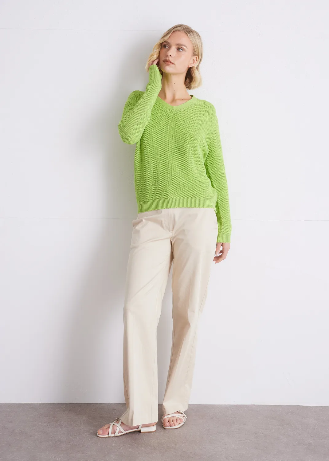 Senatex Baumwollpullover V-Ausschnitt Pullover Cream Bio-GOTS