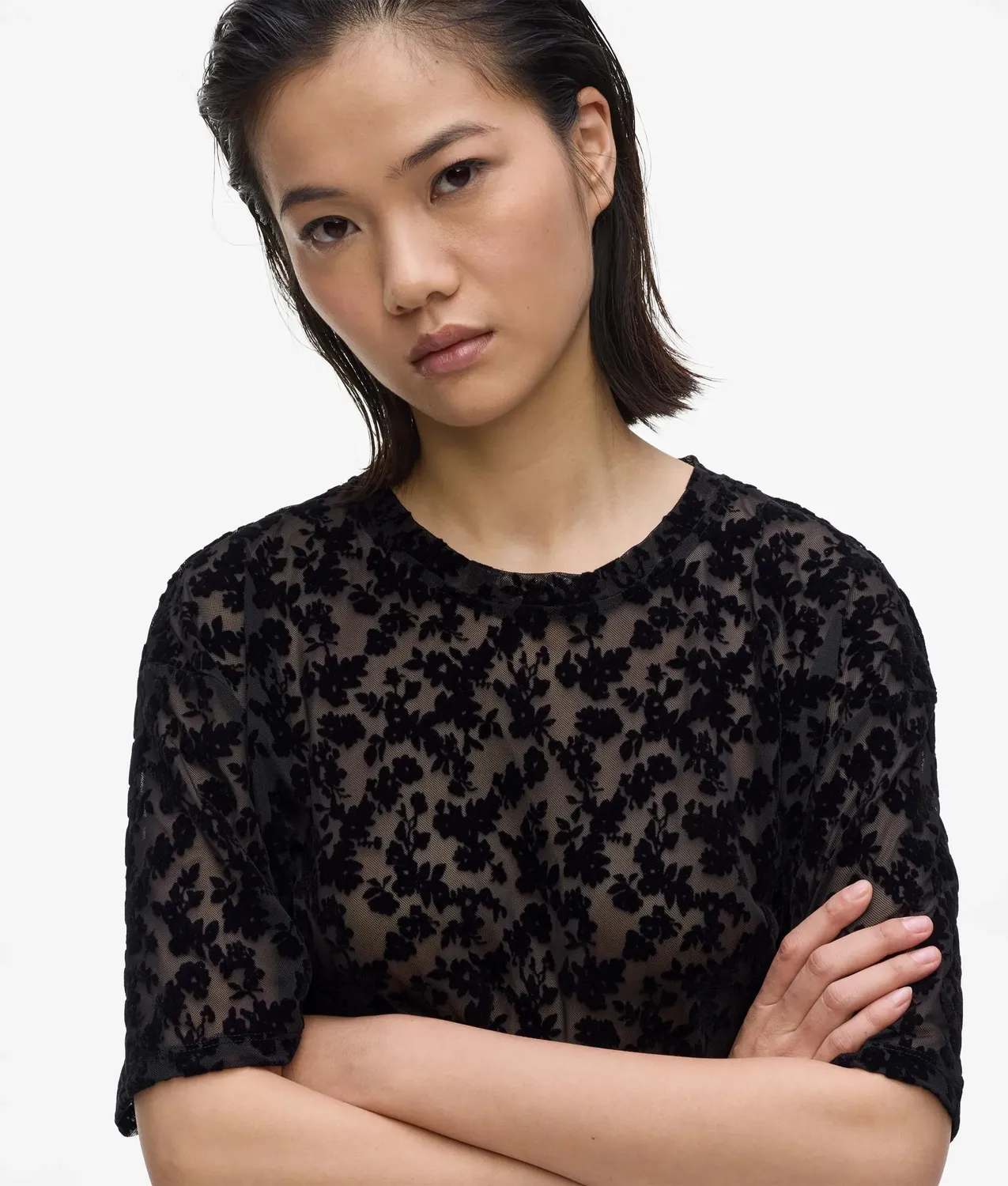 Karl Lagerfeld Floral Mesh T-Shirt Damen S transparent