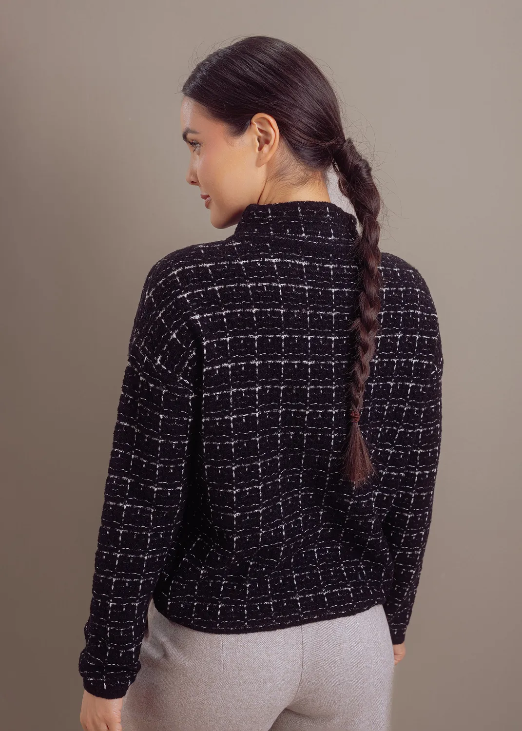 Senatex Pullover Bouclé Wolle-Kaschmir Black Combo Karo