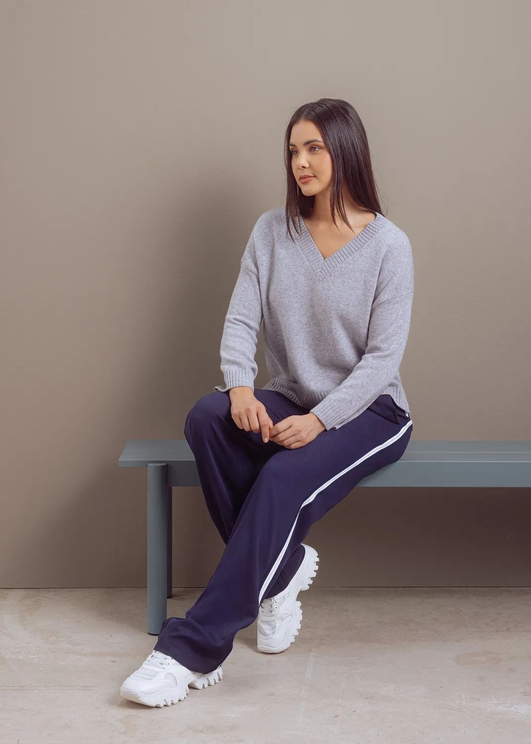 Senatex V-Ausschnitt-Pullover Merinowolle Pullover Silver fein