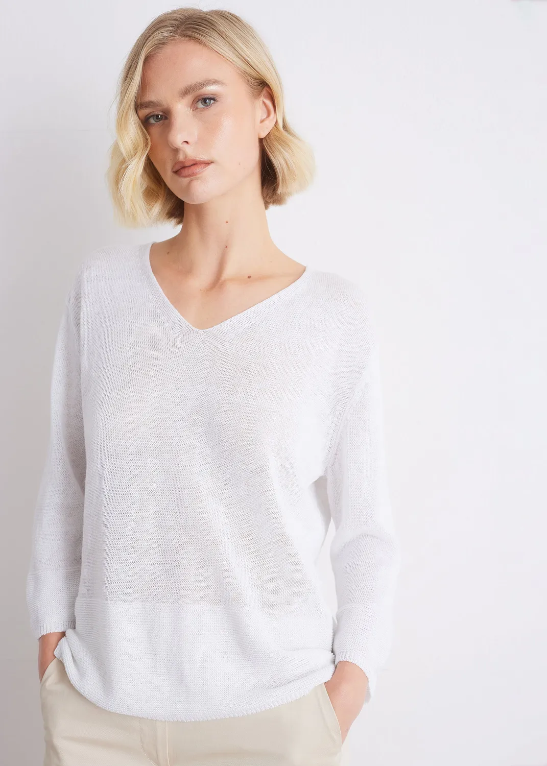 Senatex Leinenpullover V-Ausschnitt White locker