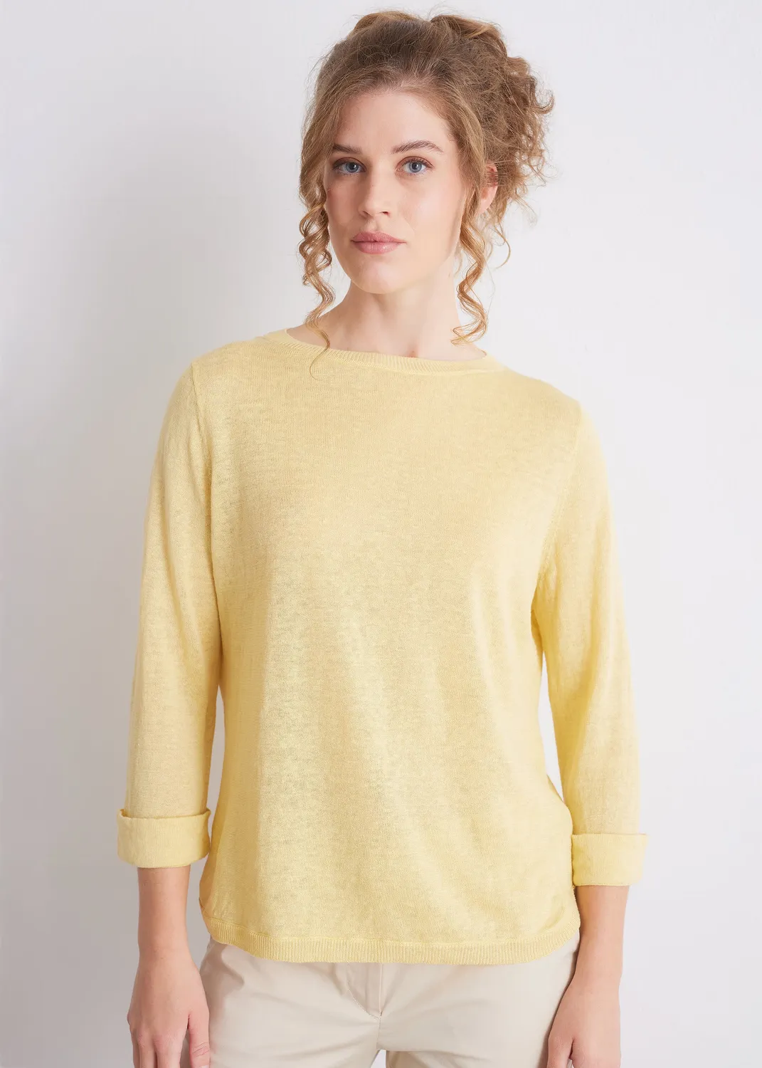 Senatex Leinenpullover Rundhals Mocca 3/4-Arm