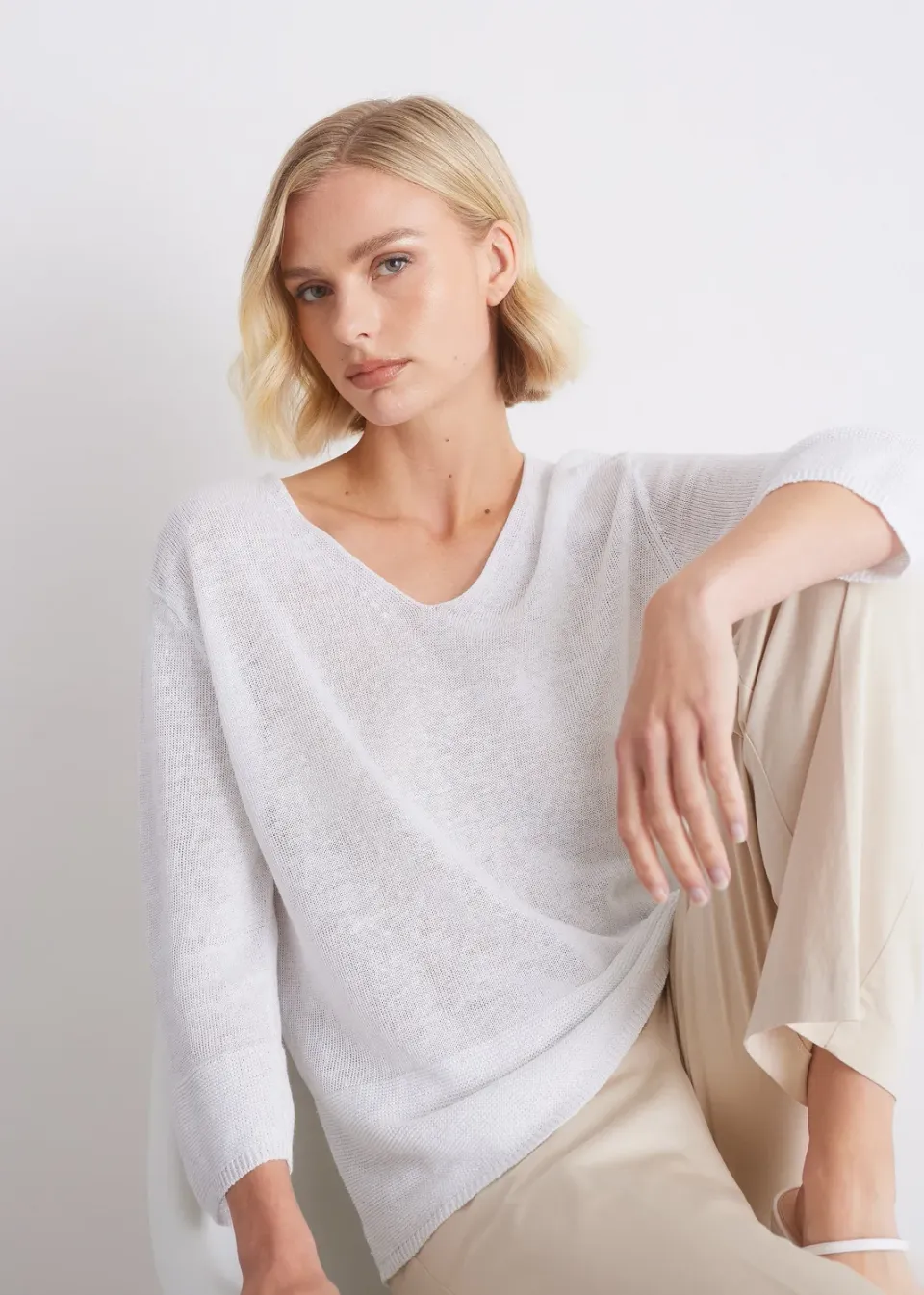 Senatex Leinenpullover V-Ausschnitt White locker