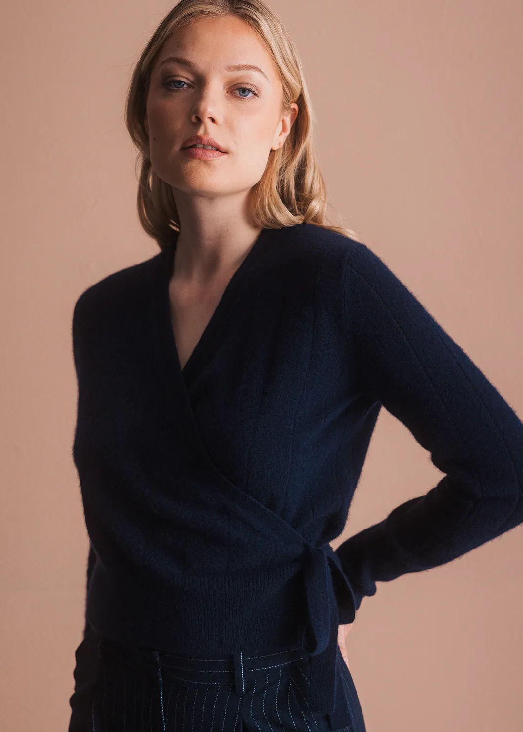 Senatex Wickelcardigan Cardigan Navy Kaschmir mit Gürtel