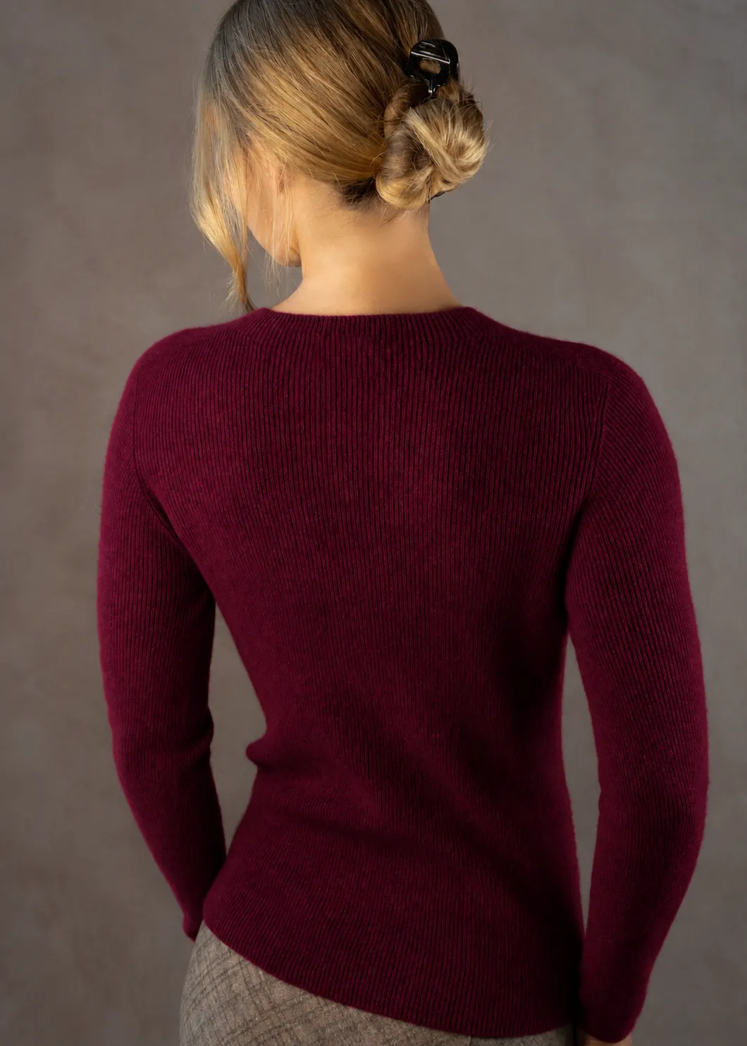 Senatex Kaschmirpullover Rundhals Bordeaux schmal