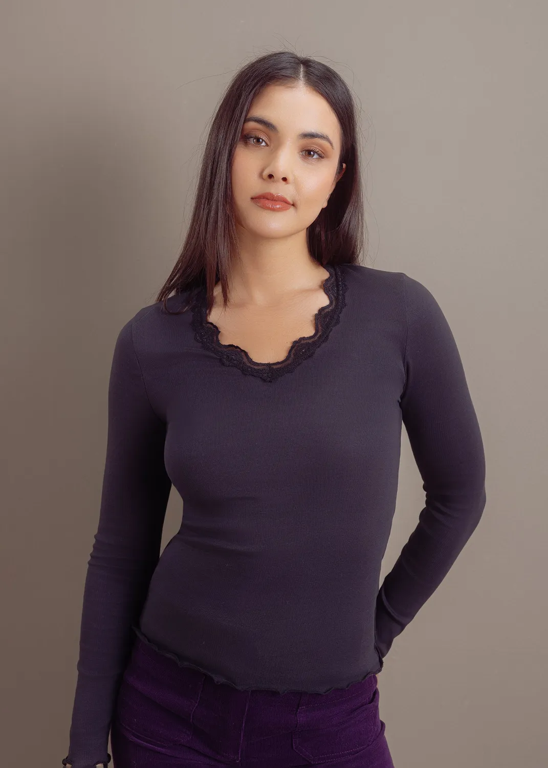 Senatex Ripp-Shirt mit Spitze Langarmshirt Cream Baumwollmix