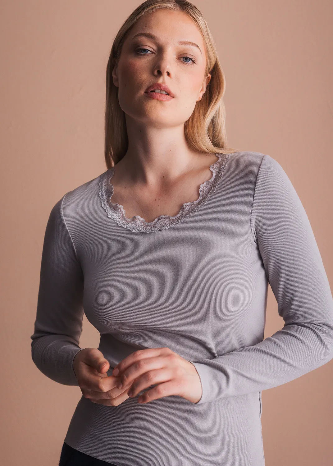 Senatex Langarmshirt Spitze Ripp-Shirt Vino 34 körpernah