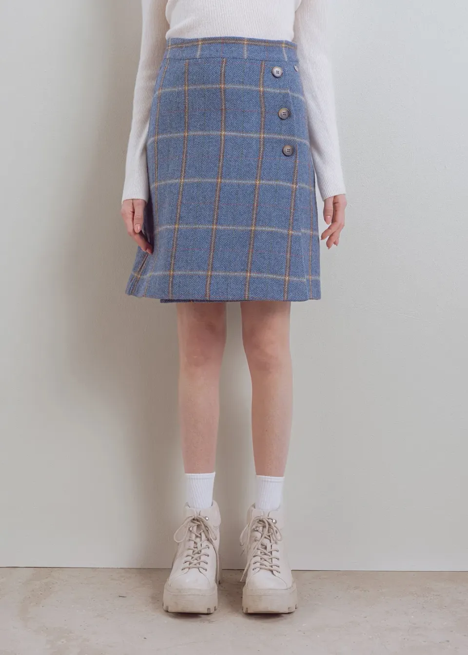 Senatex Karierter Minirock Knopfleiste Denim Check Wolle