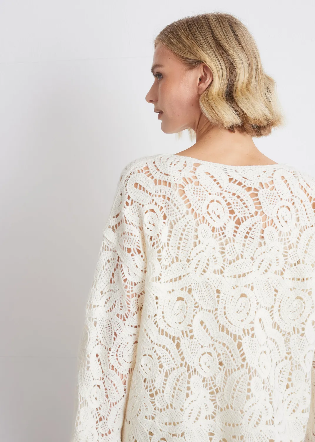 Senatex Floraler Lochstrickpullover Wolle Cream