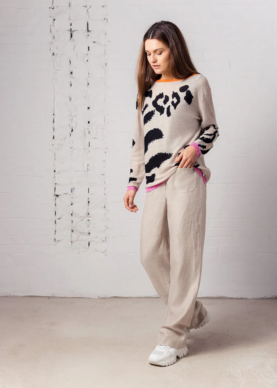 Senatex Pullover mit Leoprint Pullover Sand Multicolor Leinen