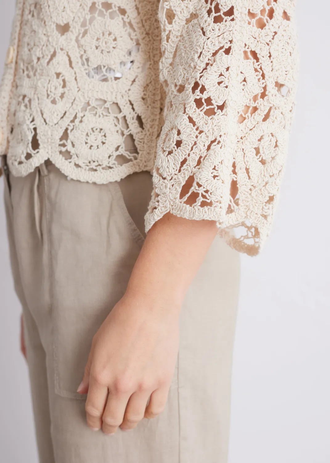 Senatex Häkel-Cardigan Baumwolle Strickjacke Off-White