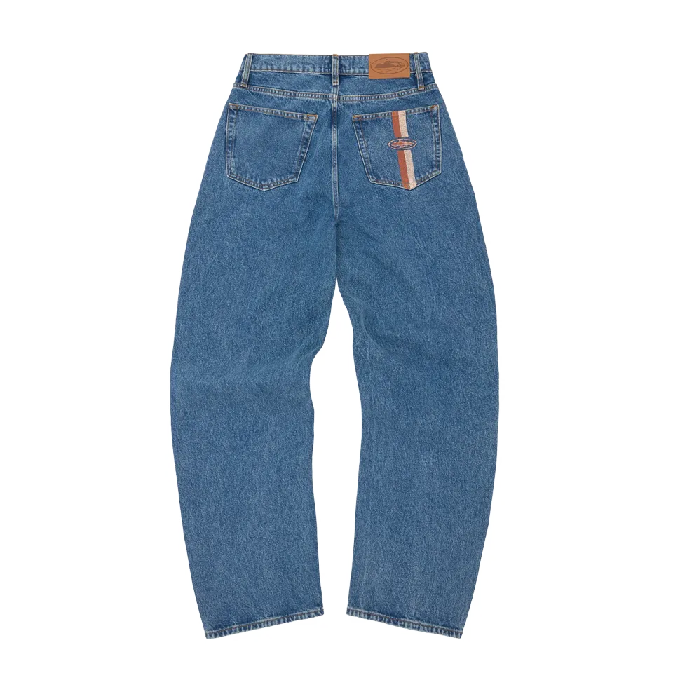 Corteiz Dual Stripe Baggy Jeans Midwash Baumwoll-Denim