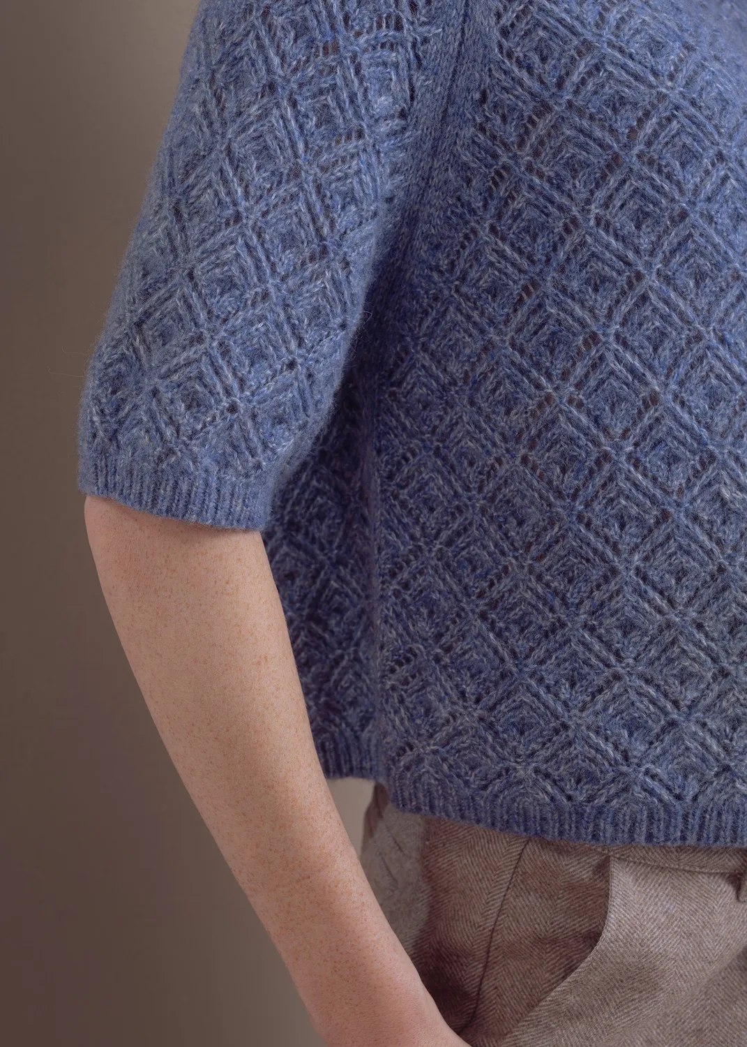 Senatex Kurzarm Pullover Wolle-Baumwolle Rautenmuster Ice