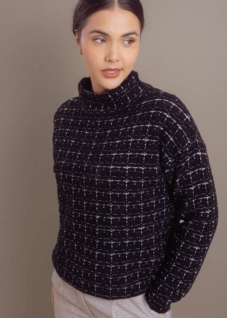 Senatex Pullover Bouclé Wolle-Kaschmir Black Combo Karo