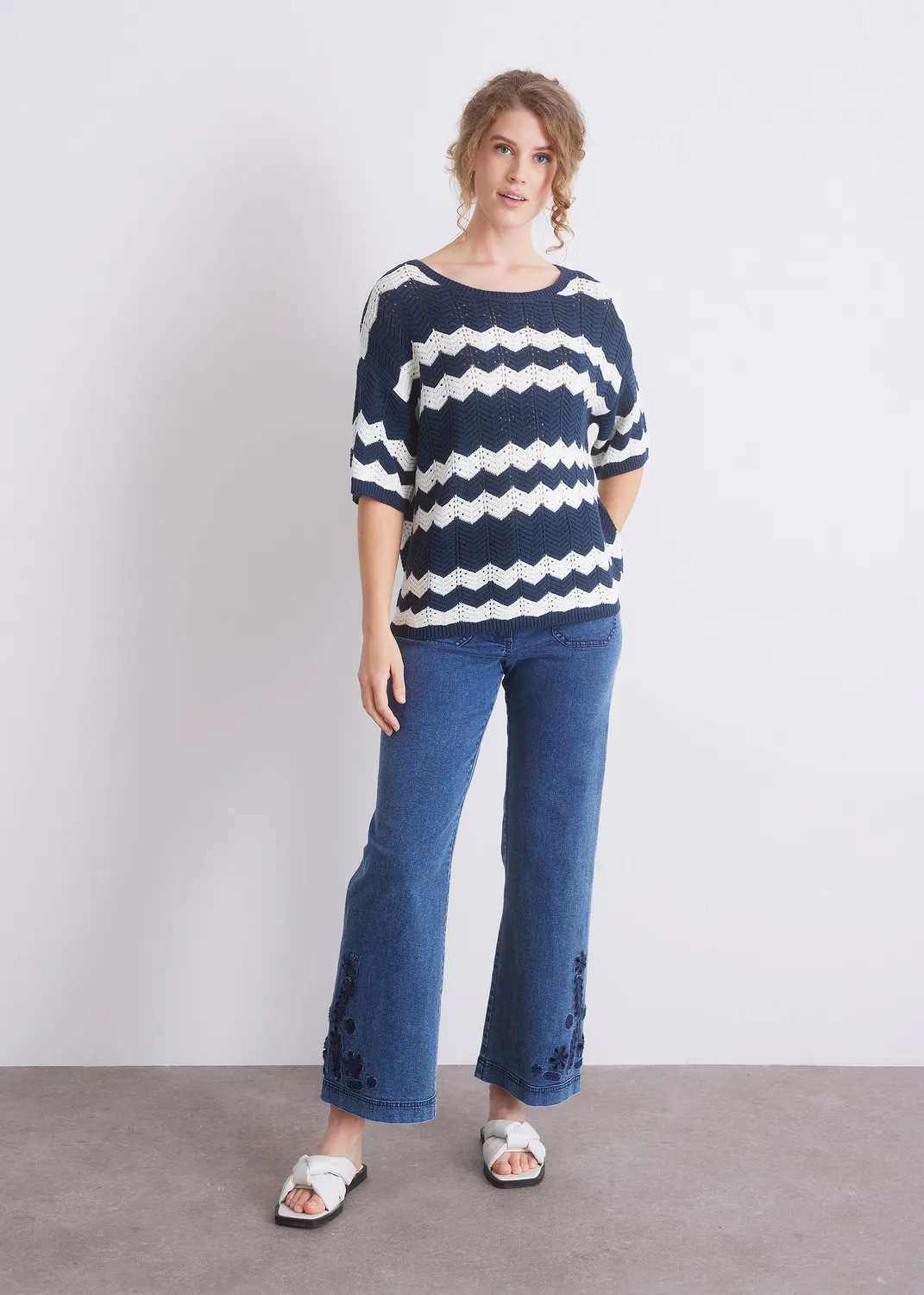 Senatex Strickpullover Zickzack Rundhals Indigo Combo Baumwolle