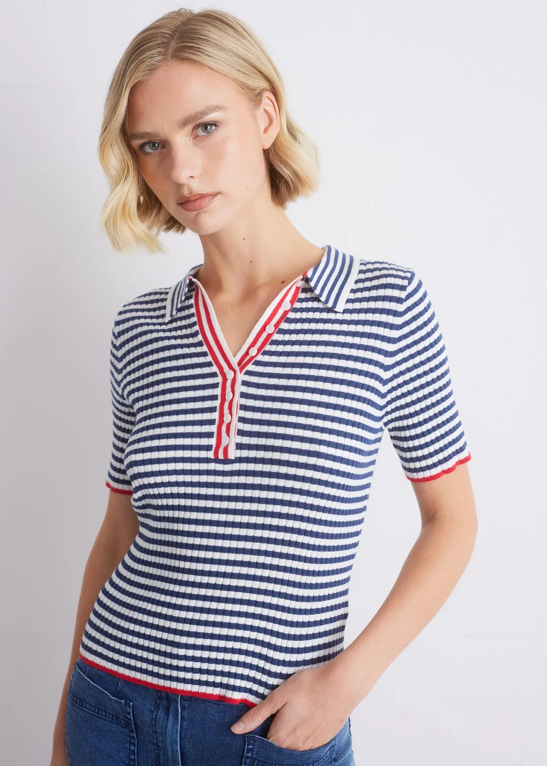 Senatex Strickshirt Polokragen GOTS White Indigo Streifen