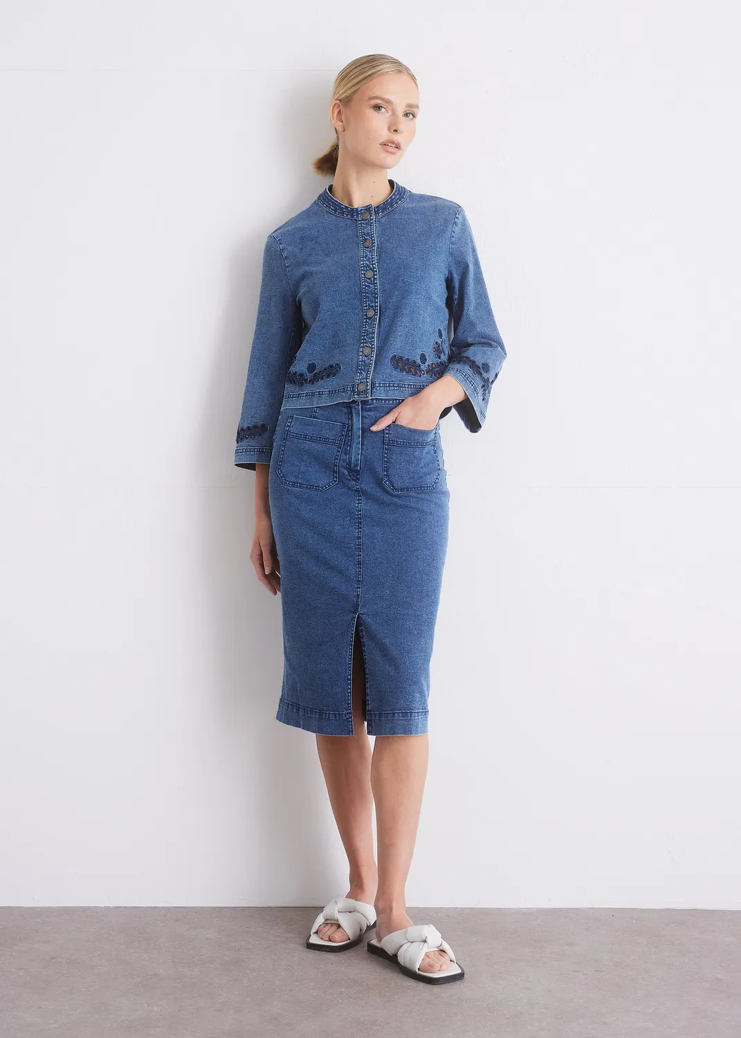 Senatex Jeansrock mit Stickerei Denim knielang Gr 36