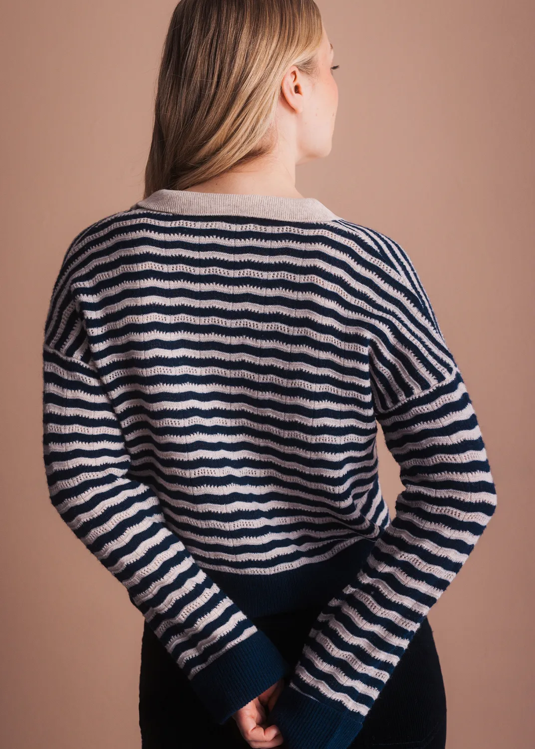 Senatex Streifenpullover mit Kragen Pullover Navy Combo Merinowolle