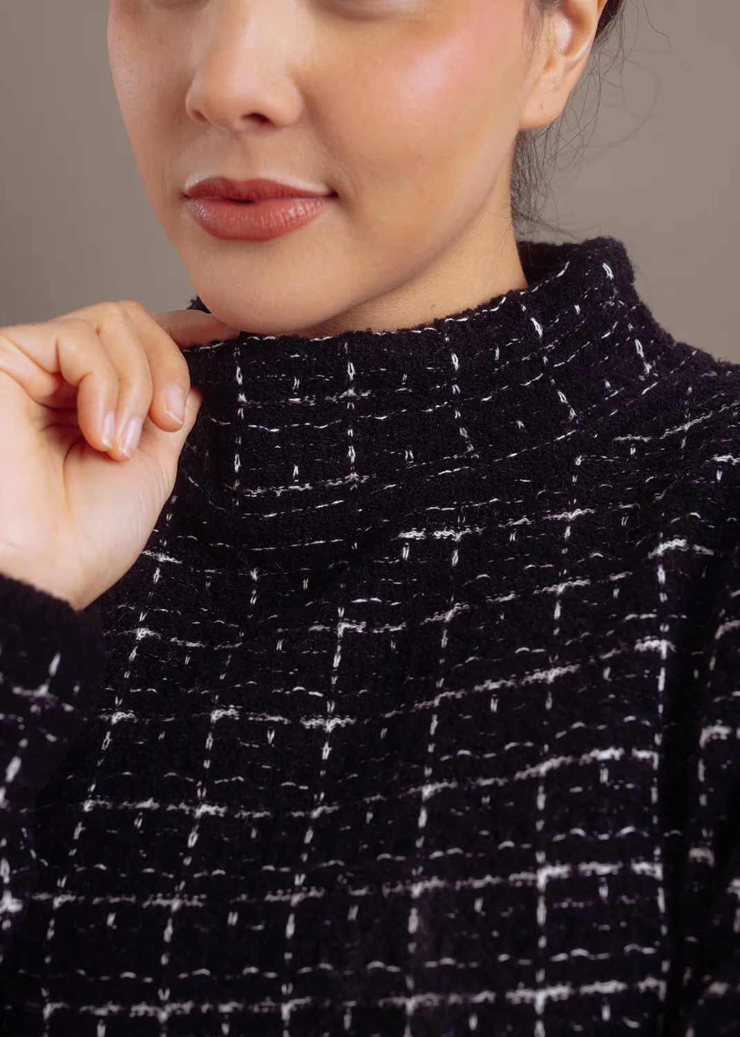 Senatex Pullover Bouclé Wolle-Kaschmir Black Combo Karo